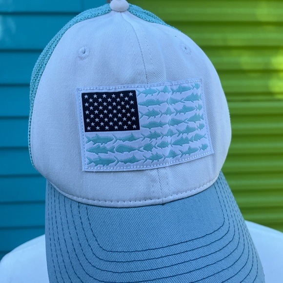 Blue and White Trucker Hat with Fish Flag Patch distressed look. - Picture 2 of 6